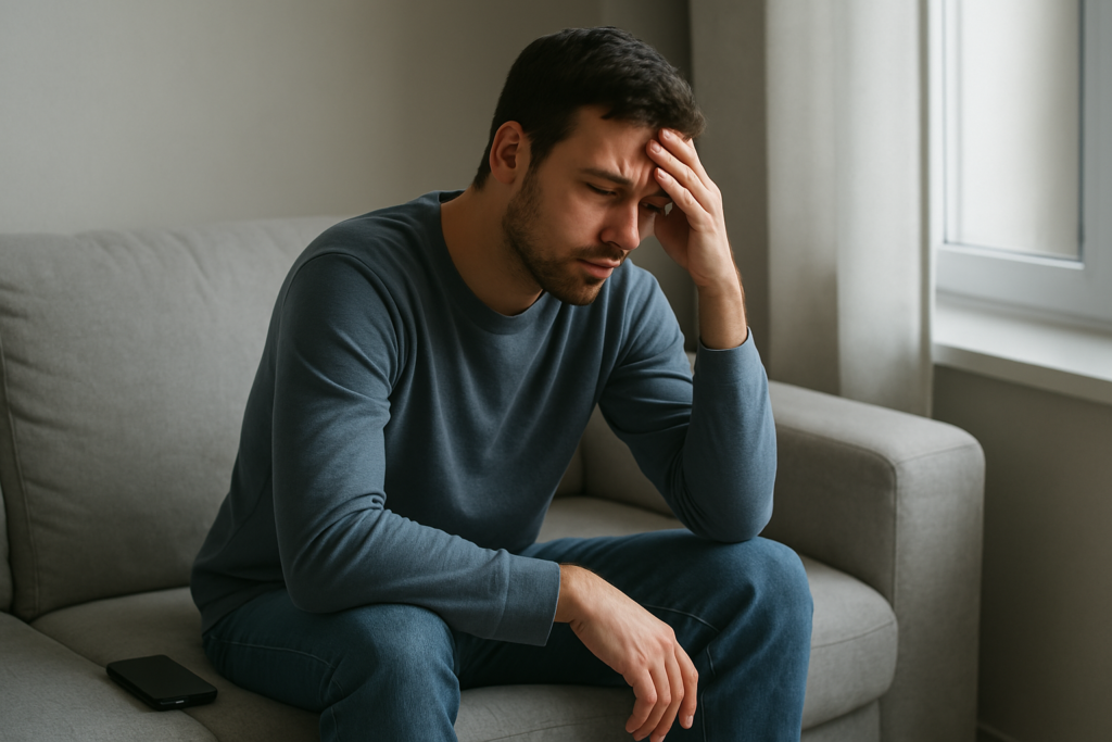 رجل متوتر يجلس وحيدًا على الأريكة، في لحظة تعب نفسي وذهني – تعبير بصري عن الحاجة إلى السلام الداخلي والوعي الذاتي.